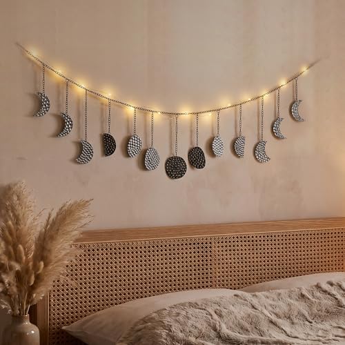opulinea Moon Phase Wall Decor with LED String Lights, Black Gunmetal Hammered Metal Celestial Wall Hanging - color: Black Gunmetal LED, size: 6.3"L x 36"W