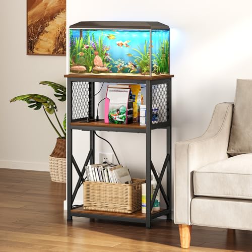 Snughome 10 Gallon Fish Tank Stand with Power Outlets, Aquarium Stand with Storage, 3 Tier Heavy Metal Reptile Tank Stand Fish Tank Shelf 20.47" x 11.42" x 30.91", Rustic Brown - color: Brown With Outlet, size: 10 Gallon