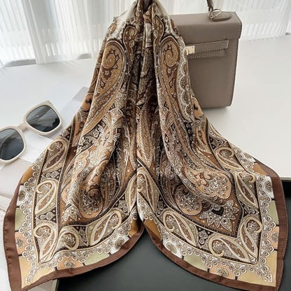 Sumolux Head Hair Scarf for Women Like Satin Silk Scarf Bandana Hair Wrapping Night Large Square Scarves 27.5" - color: Caramel Cashew Nuts