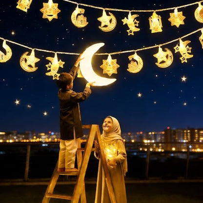 Ramadan String Lights 20FT 40 LED, 5 Mixed Styles (Moon/Star/Mosque/Lantern) Warm White Battery Operated, 2 Modes (Steady/Flash) for Eid Al-Fitr Yoga Meditation Ambience