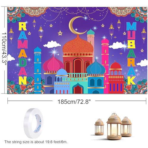 HOWAF Ramadan Mubarak Backdrop Banner, Eid Mubarak Party Decoration Background Banner for Eid Holiday Party Supplies, Purple Ramadan Kareem Supplies Hanging Banner Poster for Photo
