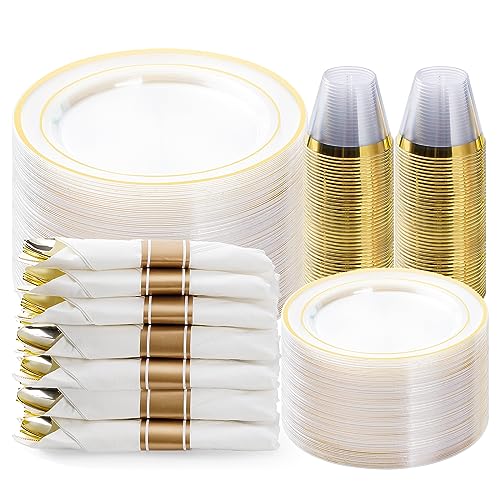 BESTVIP 350PCS Clear Gold Plastic Dinnerware Set for 50 Guests, Disposable Party Plate for Christmas and New Year,Halloween, Include: 100 Plastic Plates, 50 Pre Rolled Napkins with Silverware, 50 Cups - color: Clear & Gold, size: 50 Guests