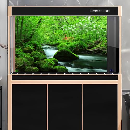 Stream Aquarium Background Jungle Plants Rainforest Fish Tank Background Lush Green Trees Rocks with Moss Terrarium Background Flowing Water Natural Landscape Aquarium Backdrops Vinyl 24x12in - color: Moss Green, size: 24(W)x12(H)in