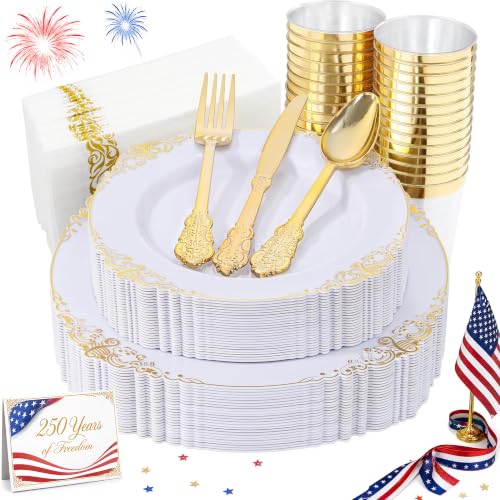 Nervure 175PCS White and Gold Plastic Plates - Disposable Dinnerware Set Include 50 Gold Plates for Dinner and Dessert, 75 Cutlery, 25Cups 25Napkins for Wedding & Party - color: Gold, style: 175Pcs(25Guests)