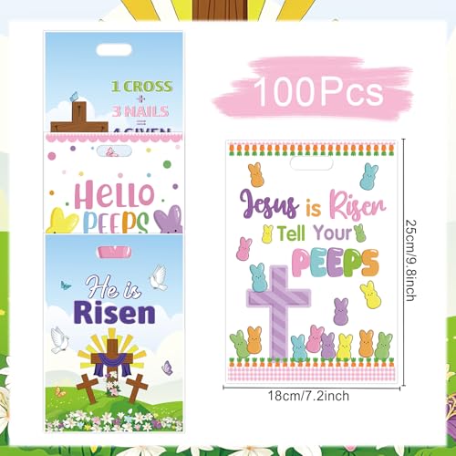 Falueqg Religious Easter Party Favor Bags - 100 Pcs He is Risen Happy Easter Goodie Candy Gift Bags Cross Rabbit First Communion Party Favors for Christian Spring Jesus Holiday Baptism Supplies - color: Easter