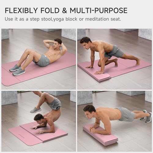 7-Fold Yoga Mat 74"x31" - 0.31 Inch Thick Folding Exercise Mat, Extra Wide Non-Slip POE Mat for Travel, Storage, Yoga, Pilates, Meditation & Home Gym, Lightweight & Portable - color: Dull Pink