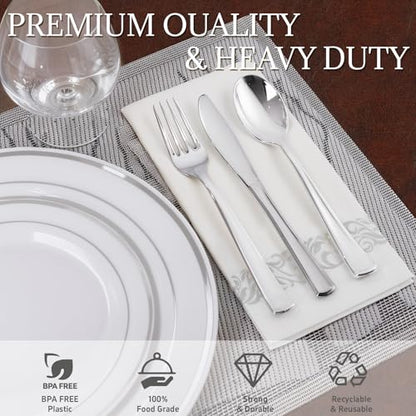Supernal 200pcs Silver Plastic Dinnerware Sets for 25 Guests included Silver Silverware Set & Plastic Plates heavy duty Disposable Cups and Paper Napkins Disposable for Party Birthday and Wedding - color: 200pcs White and Silver Plastic Dinnerware