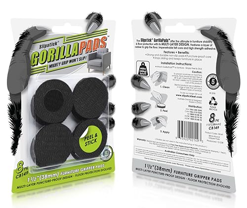 Slipstick GorillaPads CB149 Non-Slip Furniture Pads/Rubber Grippers (Set of 8) Self-Adhesive Furniture Feet Floor Protectors, 1-1/2 inch Round, Black - size: 1-1/2" Round
