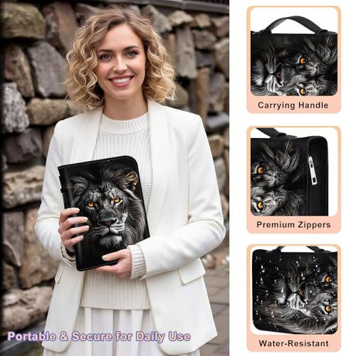 PU Leather Bible Cover with Handle & Pockets, Large Capacity Bible Case, Water-Resistant Scripture Organizer Bag with Bonus Card Holder, Christian Gift for Women & Men, Lion - color: Lion