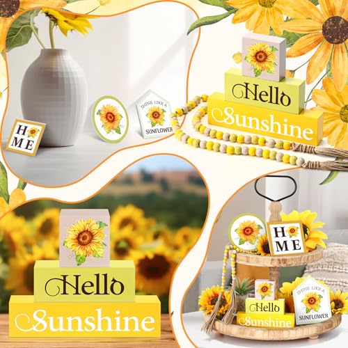 Yousoontic 7 Pcs Summer Party Sunflower Tiered Tray Decor Set, Rustic Farmhouse Wooden Table Decorations with Honey Bee Accents and Bead Garland for Kitchen, Tabletop, Mantel, Housewarming Gift - style: Sunflower