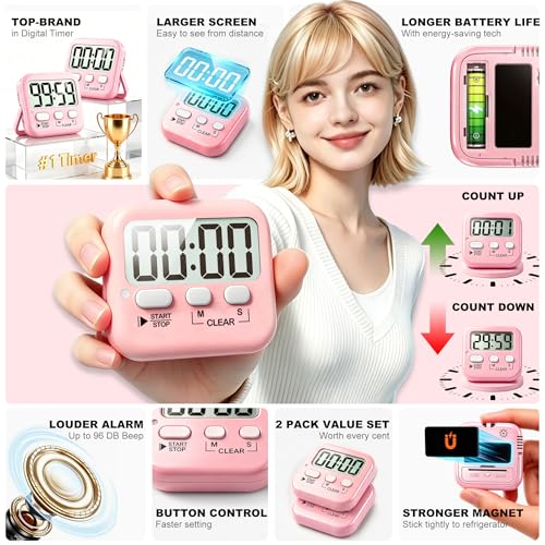 2 Pack Digital Timer for Kids Classroom Kitchen Timers for Cooking | w/ Battery, Easy to View, Alarm, Mute Mode, Count Down/Up, Magnetic, Kickstand, Hanging, Classroom Timer for Teacher Supplies - color: Relaxing Pink