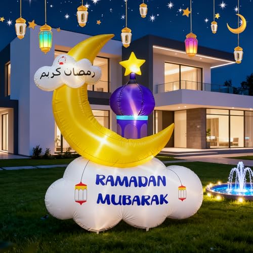 6FT Outdoor Inflatable Ramadan Moon Decoration, Blow Up Islamic Eid Decor with LED Lights, Waterproof Inflatable Ramadan Eid Mubarak Holy Celebration for Celebrate Fasting Introspection and Prayer - style: Purple