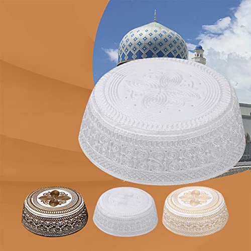 Islamic Men's Hat Men Muslim Prayer Kufi Hat Arabian Top Embroidered Men Hajj Mosque Headwear Beanie Skull Cap - color: White-a