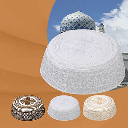Islamic Men's Hat Men Muslim Prayer Kufi Hat Arabian Top Embroidered Men Hajj Mosque Headwear Beanie Skull Cap - color: White-a
