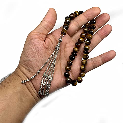 Big Prayer Beads-Worry Beads-Tesbih-Tasbih-Tasbeeh-Misbaha-Masbaha-Subha-Sebha-Sibha-Rosary (-Tiger Eye Natural Stone with Metal Tassel -10mm-33 Beads-) - color: Big Beads with Metal Tassel -10mm-33 Beads-