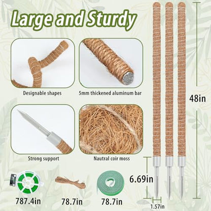 3 Pack Moss Pole, 48 Inch Monstera Plant Support, Moss Poles for Climbing Indoor Plants, Bendable Coco Coir Plant Support Stakes for Potted Plants, Pothos, Philodendron - size: 48 Inch - 3 Packs