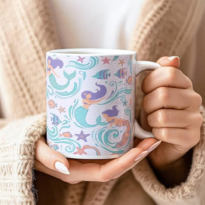 Mermaid Ceramic Coffee Mug, Underwater Playful Fish Starfish Summer Aqua Novelty Office Drinking Cup with Handle Ideal for Friendship Family Colleague Staff Sweetheart Teachers 11 Oz - size: 11 Ounces