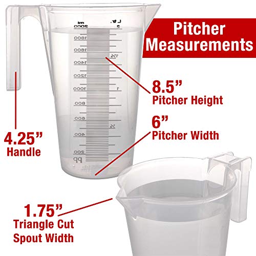 TCP Global 2 Liter (2000ml) Plastic Graduated Measuring and Mixing Pitcher (Pack of 4) - Holds Over 2 Quarts (64oz) - Pouring Cup, Measure & Mix Paint, Resin, Epoxy, Kitchen Cooking Baking Ingredients - size: 2000ml