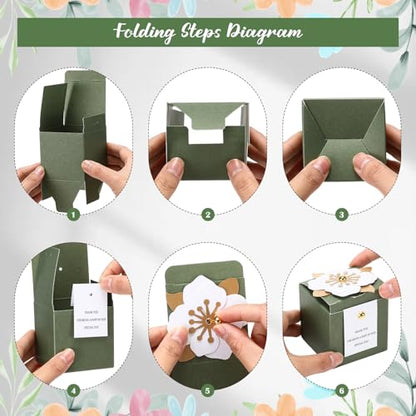 Affrolling 50 Pcs Wedding Favor Boxes with Thanks Card Square Flower Candy Boxes Paper Bridal Gift Box for Guests Wedding Bridal Shower Birthday Party Anniversary(Green) - color: Green