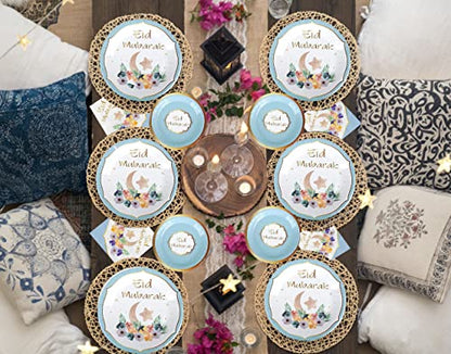 Eid Mubarak Tableware Set for Ramadan Mubarak Table Decorations Supplies Muslim Happiness Ramadan Dessert Plates Eid Al-fitr Party Napkins Forks for 16 Guests Ramadan Party Favors (Blue)