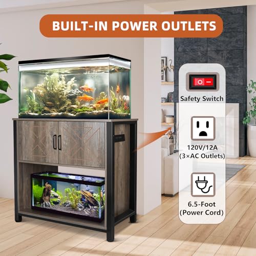 Beuruku 40 Gallon Aquarium Stand with Cabinet & Power Outlets, Heavy Duty Metal Stand for 40-50 Gallon Breeder & Turtle Tanks, Double Terrarium Stand, 660LBS Capacity, Grey - color: Grey, size: 40-50 Gallon