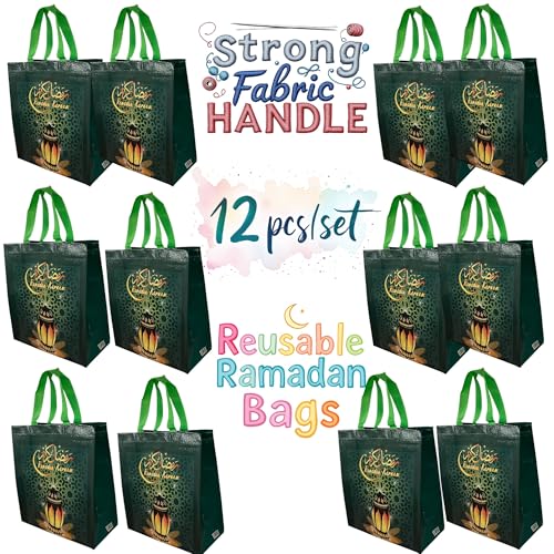 12 PCS Ramadan Mubarak Reusable Gift Bags, Party Bags Goodie Bags Party Supplies Blue Green Purple Black Treat Bags with Handles, Muslim Party Favor Supplies Party Decorations Favors 11” x 10.5" (Green_12 Pcs) - color: Green_12 Pcs