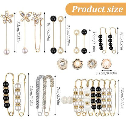 24 Pcs Pearl Crystal Brooch Fashion Sweater Shawl Clips Neckline Safety Pant Waist Pin Dress Shirt Clips for Women Clothes Sweater Shawl Collar Dress Cardigan Shirt Jeans Accessories