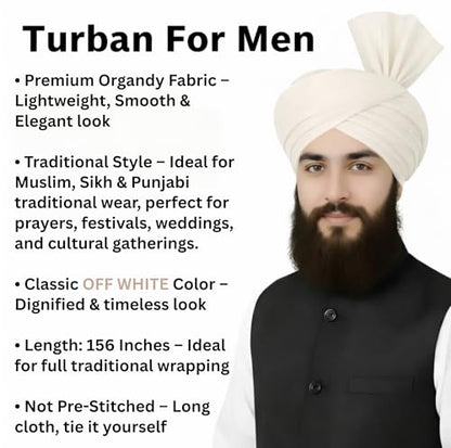 Turban For Men (156 Inches) Long Cloth – Muslim, Sikh, Punjabi Headwrap | For Prayer, Festivals & Special Occasions - color: Off-white