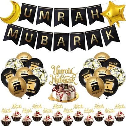 Umrah Mubarak Party Decoration Balloons - 33 Pcs Hajj Mubarak Black Gold Ramadan Eid Party Decorations Banners Star Moon Foil Balloon Cake Toppers for Happy Eid Muslim Islam Festival Decor Supplies