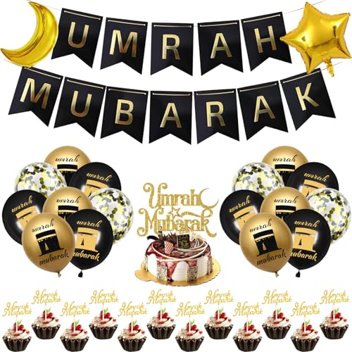 Umrah Mubarak Party Decoration Balloons - 33 Pcs Hajj Mubarak Black Gold Ramadan Eid Party Decorations Banners Star Moon Foil Balloon Cake Toppers for Happy Eid Muslim Islam Festival Decor Supplies