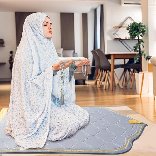 Muslim Prayer Rug with Tasbih Prayer Beads, Extra Thick Padded Non-Slip Islamic Prayer Matt,Turkish Praying Carpet Ottoman Blankets Ramadan Gift for Ramadan, Eid, Hajj, Travel, Pray (Grey) - color: Grey
