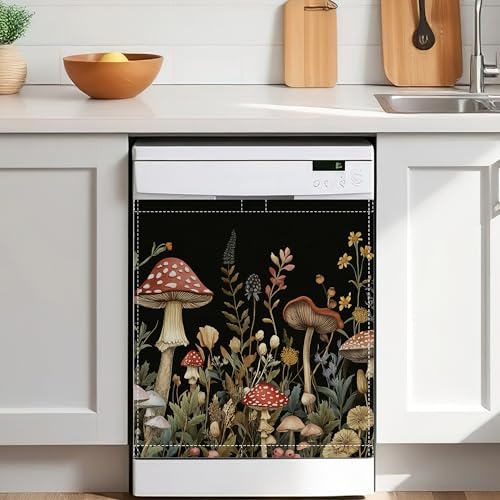Red Mushrooms Dishwasher Magnet Cover,Wildflower Berries Plant Waterproof Magnetic Dishwasher Front Cover,Refrigerator Panel Sticker for Kitchen Decor 23" x 26" - color: Red Mushrooms Wildflower Berries Plant