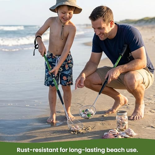 VOS Sand Sifter 2-Pack | Adjustable Handle 21"–33" | Stainless Steel Beach Scoop for Seashells, Shark Teeth & Sea Glass | Lightweight Aluminium, Rust-Resistant – Green - color: Green