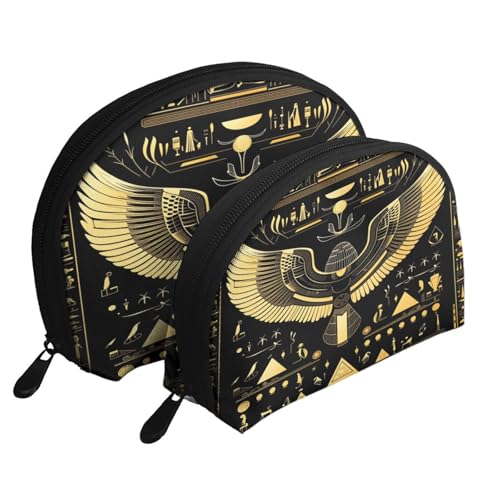 Egyptian Hieroglyphics 2-Piece Shell Makeup Bag Set, Large Capacity Travel Cosmetic Bag For Women With Zipper, Waterproof Polyester Toiletry Organizer Pouch For Purse, Travel, Gym & Daily Use - color: Egyptian Hieroglyphics1