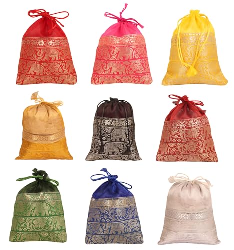Touchstone Drawstring Bags Traditional Indian Handcrafted Fabric Perfect for Gifts Jewelry Weddings Pouches Purses Potli - color: -Elephant_multicolor (Pack of 9), size: 7x5 inches
