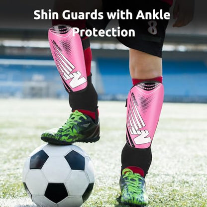 Shin Guards Soccer Youth Kids - Shin Guard for Toddler Boys Girls Teenagers 2-18 Years Old with Ankle Sleeves Protection - Football Shin Pads Equipment with Adjustable Strap - color: Pink, size: Medium