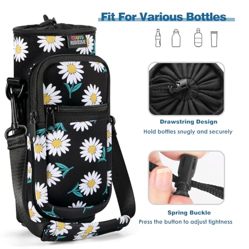 Nuovoware Water Bottle Carrier Bag, 25oz/32oz Bottle Pouch Holder, Adjustable Shoulder Hand Strap 2 Pocket Sling Neoprene Sleeve Sports Accessories for Hiking Travelling Camping, BlackDaisy | Adjustable Shoulder Hand Strap, 2 Pocket, Neoprene Sleeve, For