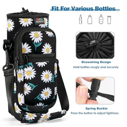 Nuovoware Water Bottle Carrier Bag, 25oz/32oz Bottle Pouch Holder, Adjustable Shoulder Hand Strap 2 Pocket Sling Neoprene Sleeve Sports Accessories for Hiking Travelling Camping, BlackDaisy | Adjustable Shoulder Hand Strap, 2 Pocket, Neoprene Sleeve, For