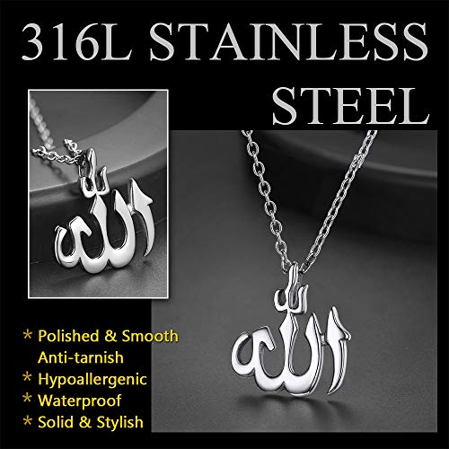 U7 Allah Pendant Necklace with Chain Platinum / 18K Gold Plated Muslim Jewelry Islamic Pendant - color: 01.Polished Stainless