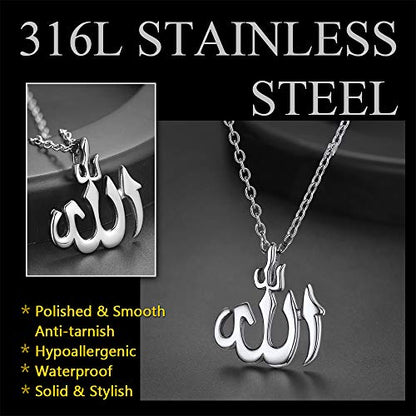 U7 Allah Pendant Necklace with Chain Platinum / 18K Gold Plated Muslim Jewelry Islamic Pendant - color: 01.Polished Stainless