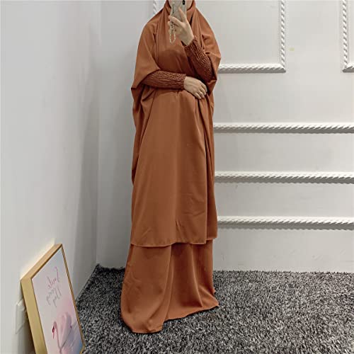 Women Muslim 2 Set Solid Color Plus Long Sleeve Thobe One-size Longuette Overall Abaya Thobe with Hoodied Hijab - color: Brown