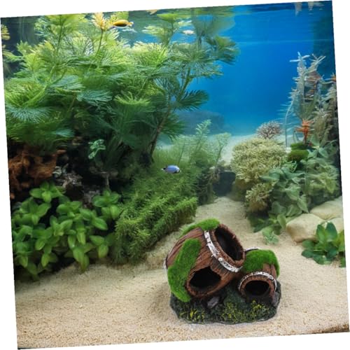Resin Broken Barrel Aquarium Ornament with Moss Betta Fish Shrimp Hiding House Freshwater Shrimp Cave Fish Tank Decoration for Aquatic Pets