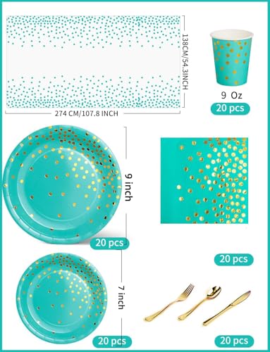 Nkaiso 141Pcs Teal Gold Paper Plates and Napkins Party Supplies-20 Guests - color: Blue Green and Gold
