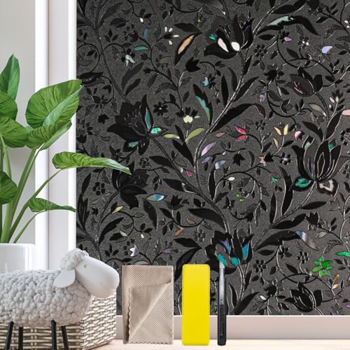 Bloss Blackout Window Privacy Film, 100% Sun Blocking Privacy Cover for Glass, Removable Room Darkening Black Out Window Tint, Static Cling Frosted Glass Film (Black/Tulip, 23.6" x 78.7") - color: Black - Tulip, size: 23.6 x 78.7 Inch