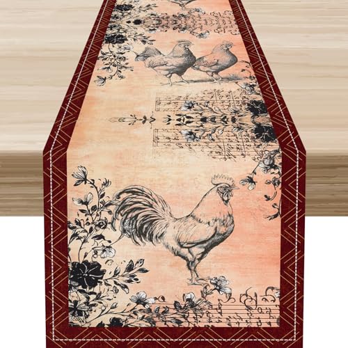 Farmhouse Rooster Table Runner,Vintage Gold Plaid Red Chicken Compass Farm Kitchen Dining Table Center Decor for Farmhouse Kitchen Family Holiday Party Indoor Outdoor, 13"x36" - color: Rooster-1, size: 13"X36"