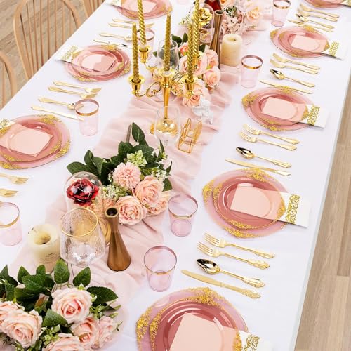 Hioasis 175pcs Burgundy and Gold Plates - Burgundy Party Plates for 25 Guest, Include 50 Heavy-duty Plates(20% Thicker Than Standard), 75 Cutlery Set, 25 Napkin, 25 Cups - color: Burgundy and Gold