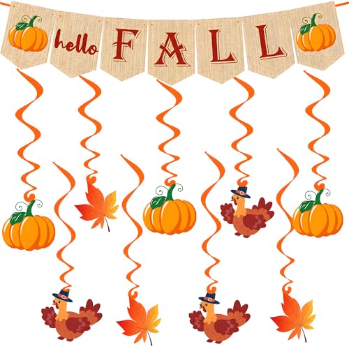 Fall Decorations for Home - 9PCS Hanging Swirls, Hello Fall Banner | Fall Decor Garland Fall Accessories Party Favors for Home Door Outdoor Outside Birthday - color: Fall