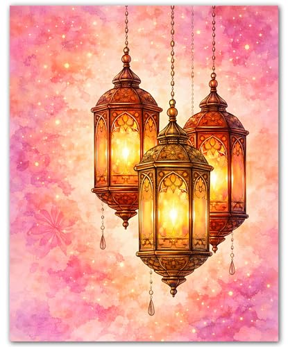 ZUKIY Islamic Wall Art - Golden Lantern Trio - Muslim Wall Decor for Living Room - Islamic Home Decor - 8x10 Unframed Poster - color: Golden Lantern Trio
