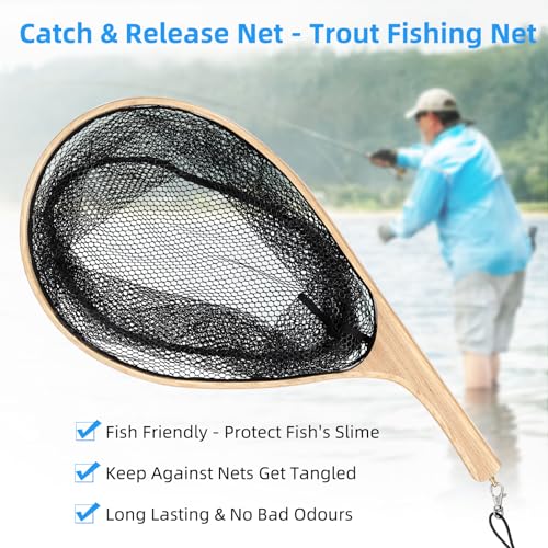 Fly Fishing Net, Soft Mesh Trout with Handle, Catch and Release Landing for Freshwater, Saltwater, Gift for Anglers & Fly Fishing Enthusiasts - style: Black Curved Handle