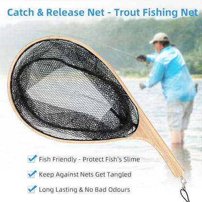 Fly Fishing Net, Soft Mesh Trout with Handle, Catch and Release Landing for Freshwater, Saltwater, Gift for Anglers & Fly Fishing Enthusiasts - style: Black Curved Handle